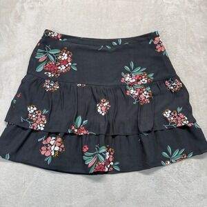 LOFT Skirt Women's 14 Tiered Ruffle Crepe  Mini Black Floral Print Boho‎ Preppy